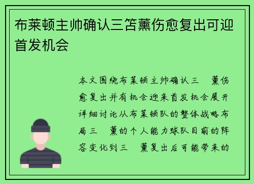 布莱顿主帅确认三笘薰伤愈复出可迎首发机会